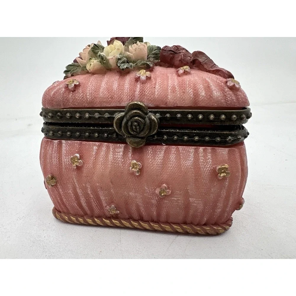 Pink Floral Decorative Trinket Box with Hinged Lid Collectible
